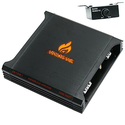 Audiobank AB1500.1 Monoblock 2500 Watt 2 Ohm A/B Class Car Audio Stereo BASS Amplifier with Bass Control, Bridgeable, LED Indicator with Gravity Phone Holder Bundle