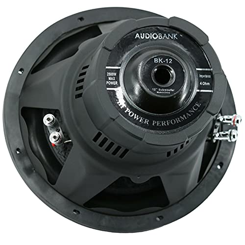 Audiobank Bank2500 Series 12 Inch BK-12 2500 Watts Max Power Elite Car Audio Shallow Subwoofer 4 Ohm DVC - Dual Voice Coil Stereo Competition Grade Sub - Two Subwoofers