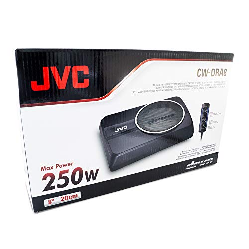 JVC CW-DRA8 Compact Powerful Subwoofer 250-watt Class D Amplifier, Shallow Profile 8 Inch Sub, Aluminum Enclosure for Deep Bass, Wired Remote, Compact Design, Easy Installation