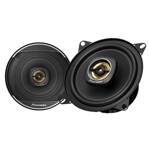 PIONEER TS-A1081F, 2-Way Coaxial Car Audio Speakers, Full Range, Clear Sound Quality, Easy Installation and Enhanced Bass Response, Black and Gold Colored 4” Round Speakers