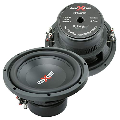 1x SoundXtreme ST-410 10 Inch 1500 Watts Peak Power Car Audio Subwoofer with DVC Power Dual Voice Coil Configuration Frequency Response 30 - 2500Hz 90 dB Sensitivity