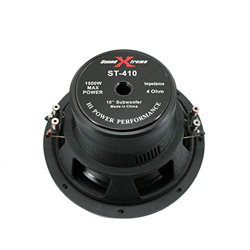 1x SoundXtreme ST-410 10 Inch 1500 Watts Peak Power Car Audio Subwoofer with DVC Power Dual Voice Coil Configuration Frequency Response 30 - 2500Hz 90 dB Sensitivity
