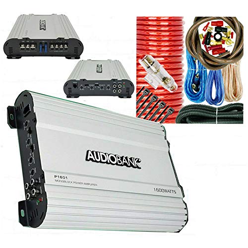 Audiobank P1601 Monoblock 1600 WATTS Amp Class AB Car Audio Amplifier Heavy-Duty Aluminum Alloy Heatsink + 4 Gauge 2300Watts Car Amplifier Installation Wiring Kit Red