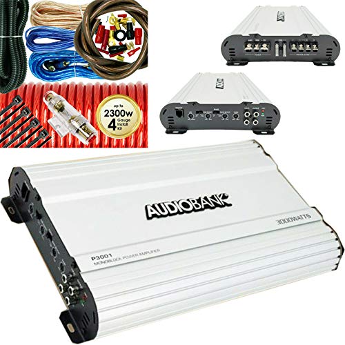 Audiobank P3001 Monoblock 3000W Amp Class AB Car Audio Stereo Amplifier + 4 Gauge 2300W Amplifier Installation Kit + Gravity GR-12PW 12 Inch 1200W Car Audio Subwoofer