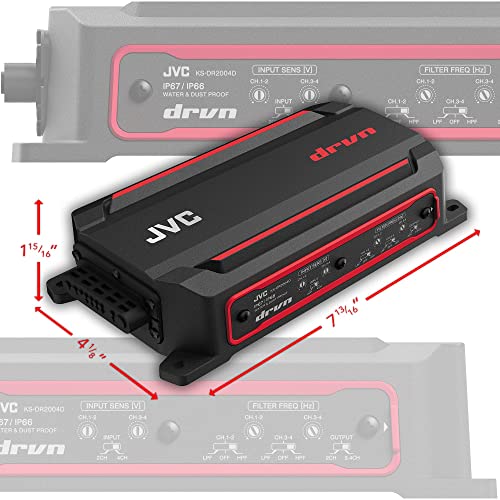 JVC KS-DR2004D 4-Channel Compact Digital Amplifier (600W) for Car, Marine, UTV & Motorsport Vehicles, Solid Corrosion-Resistant Aluminum Chassis, IPX6, IPX7 & IP6X Certified and Vibration-Proof