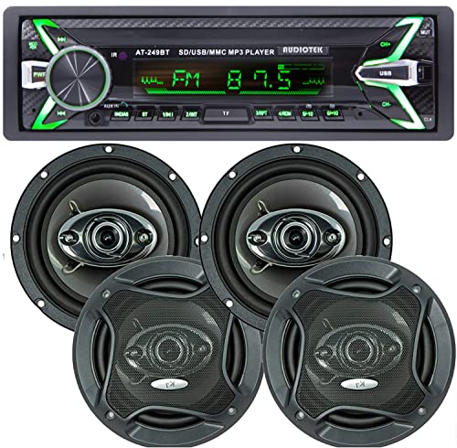 Audiotek AT-249BT Single Din Digital Media Car Receiver 200W with Bluetooth/USB/FM / MP3 + 4X Audiotek K65.4 800 Watts Peak Power 6.5-Inches 3-Way Car Audio Speakers