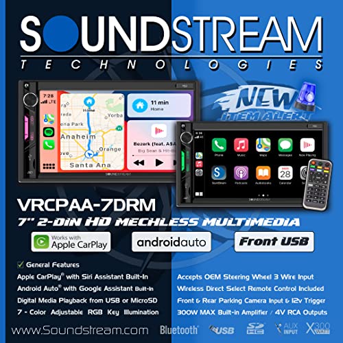 Soundstream VRCPAA-7DRM - 7 Inch Double Din Touch Screen Car Stereo - Apple CarPlay & Android Auto Compatible w/AUX USB & Bluetooth