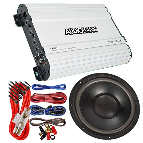 Audiobank P1601 Monoblok 1600Watts 1 Channel Car Audio Amplifier + 1x Audiotek K712 12-Inches 1200 Watts Car Subwoofer + 1500 Watts 8 Gauge Car Amplifier Installation Kit