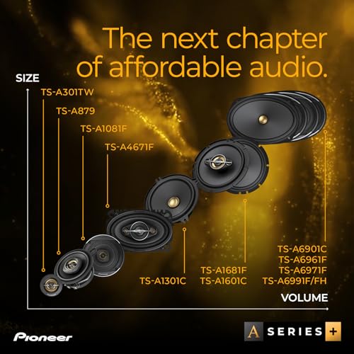 PIONEER TS-A1081F, 2-Way Coaxial Car Audio Speakers, Full Range, Clear Sound Quality, Easy Installation and Enhanced Bass Response, Black and Gold Colored 4” Round Speakers
