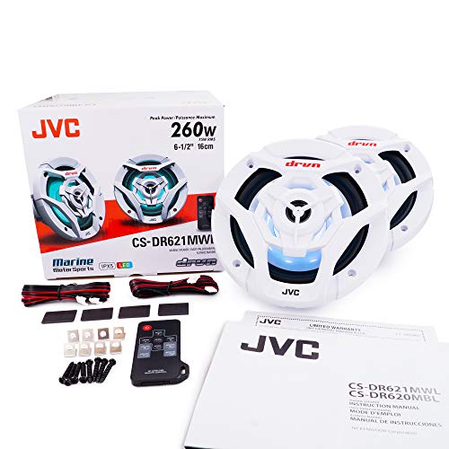 JVC CS-DR621MWL 6.5 Inch Car & Marine, Motor Sports, Car Audio Stereo 2- Way Speakers with Cool Built in RGB LED Lights, Weatherproof IPX5, 260 Watts, UV Protected Grills Included - White