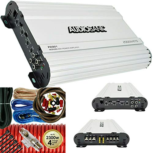 Audiobank P2001 2000 Watts Peak Power Monoblock Power Class AB Car Audio Amplifier with Remote Subwoofer Level Control & 4 Gauge Amplifier Installation Wiring Kit