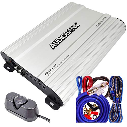 Audiobank Audio System P5000.1 Monoblock Car Amplifier - 5000 Watt Amp, 2/4 Ohm Stable, Class A/B, Mosfet Power Supply, Remote Subwoofer Control, Subwoofer Amplifier with Blue Amplifier Kit Bundle