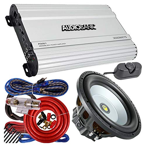 Audiobank P3001 Monoblock 3000W Amp Class AB Car Audio Stereo Amplifier + 4 Gauge 2300W Amplifier Installation Kit + Gravity GR-12PW 12 Inch 1200W Car Audio Subwoofer