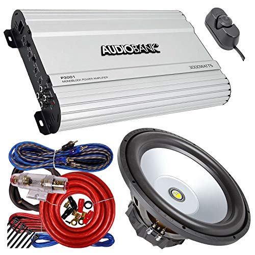 Audiobank P3001 Monoblock 3000W AB Car Audio Stereo Amplifier + 4 Gauge 2300W Car Amplifier Installation Kit + 1x Gravity GR-15PW 15 Inch 1600 Watt Car Audio Subwoofer