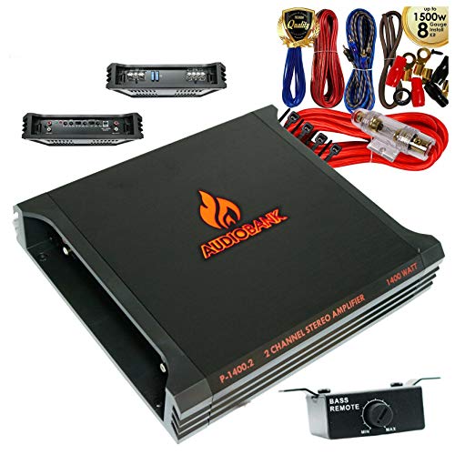 Audiobank P-1400.2 A/B Class 2 Channel 1400 Watt Car Audio Stereo Bass Amplifier with Bass Remote Control + 1500 Watts 8 Gauge Amplifier Installation Kit KIT -2nd Gen