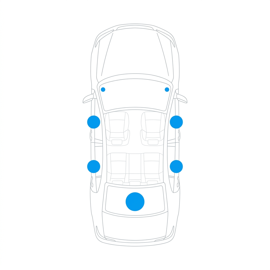 Top-down view of a vehicle with the factory speaker locations marked