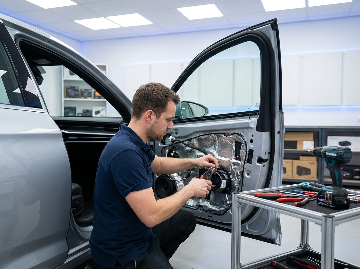 Car audio installer fitting a speaker into a car door